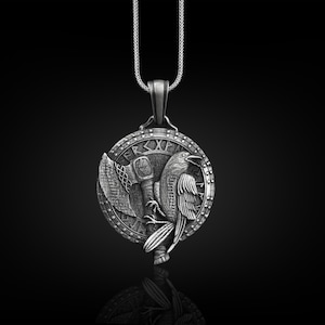 Viking medallion necklace with raven and axe, Silver norse runes necklace for boyfriend, Engraved mythology necklace