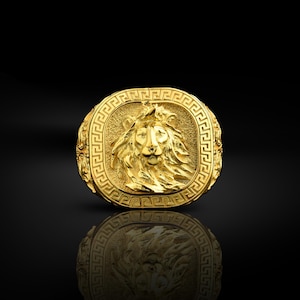 21k lion gold men rings, Unique 14k gold lion signet ring for men, Male lion ring for boyfriend, 18k gold animal ring for leo birthday gift
