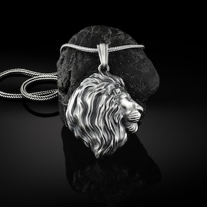 Oxidized lion head silver necklace for men, Male lion pendant for leo birthday gift, Strength necklace for boyfriend
