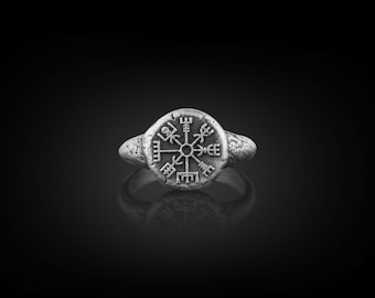 Vegvisir Pinky Signet Ring For Men, Viking Wayfinder Norse Mythology Ring in Sterling Silver, Nordic Ring For Husband, Compass Ring For Dad