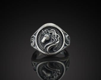 Handmade Relief Unicorn Sterling Silver Man Ring, Silver Boho Rainbow Unicorn Ring, Greek Mythology Jewelry, Ring For Men, Gift for sister