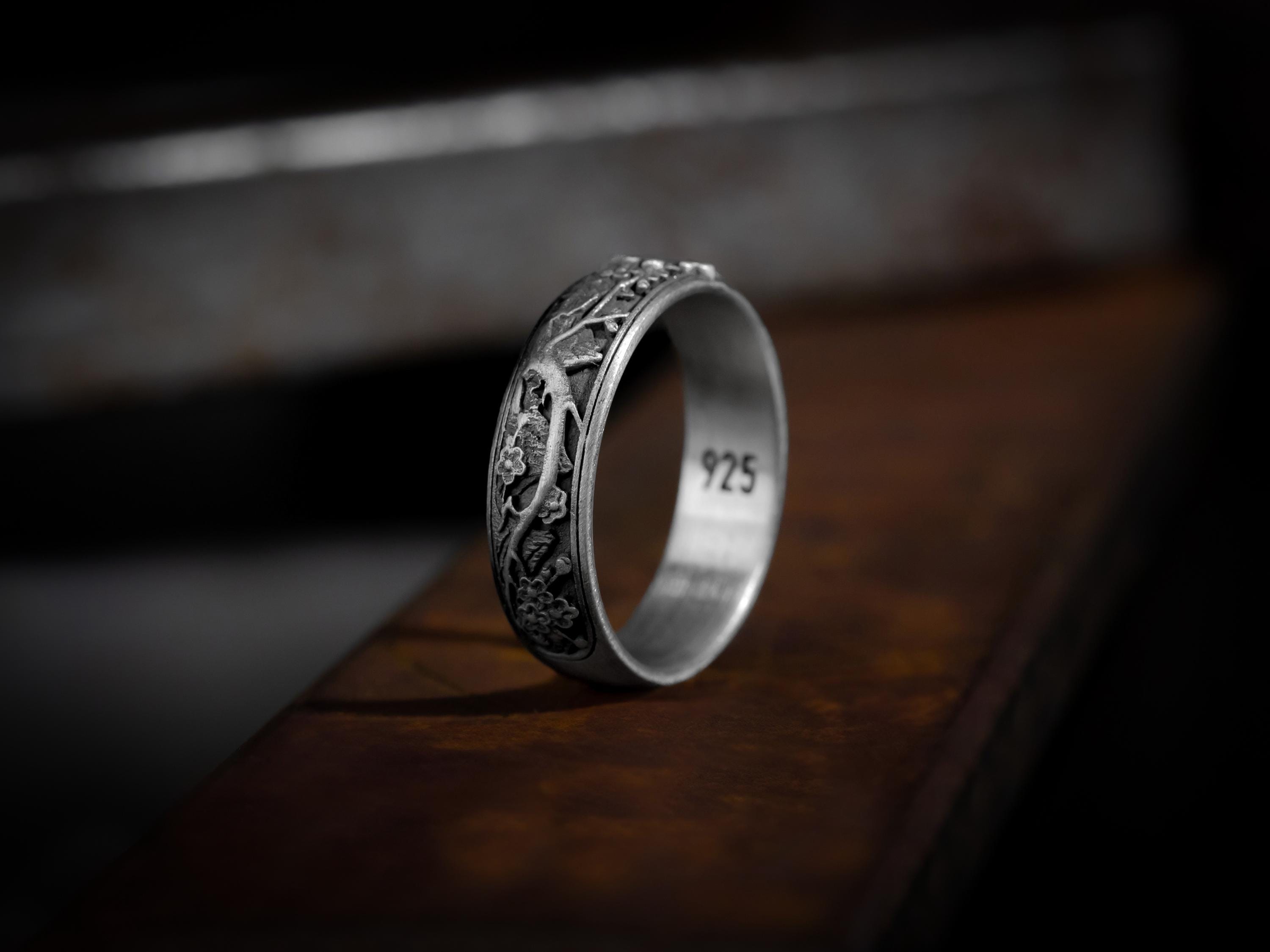 Oriental landscape hieroglyph happiness silver men ring, Japonese art happines word band ring with floral pattern, Elegant mythology jewelry