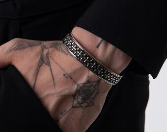 Silver Medieval Cross Pattern Cuff Bracelet for Men, Personalized Handmade Gothic Gift Jewelry