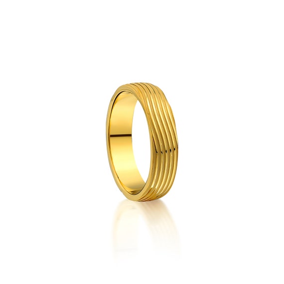 Ocean Waves 14K Solid Gold Mens Ring Yellow Godld Minimalist Men