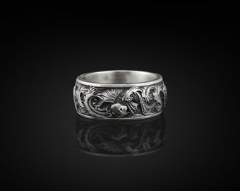Carp and waves silver men band ring for men in 925 silver, Ornament japanese art men ring, Stylish men rings, Carp and waves japanese ring