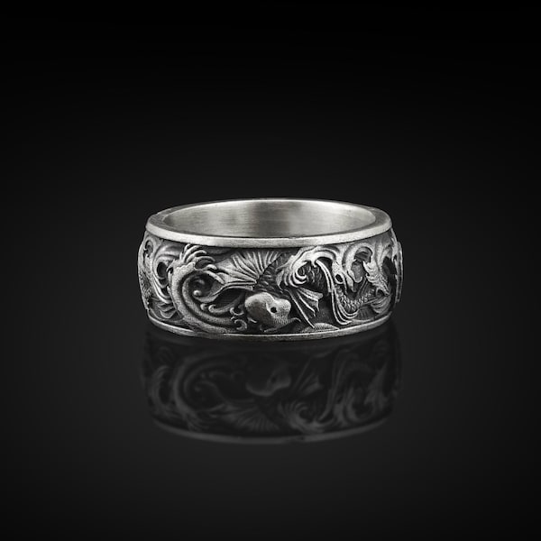 Carp and waves silver men band ring for men in 925 silver, Ornament japanese art men ring, Stylish men rings, Carp and waves japanese ring