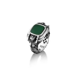 Grüner Achat griechische Mythologie Ring für Freund, 925 Sterlingsilber Athena-Ring mit grünem Achat für Herren, Chunky Silber grüner Jade-Männerring