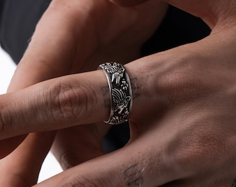 Wolf Paw Engraved Sterling Silver Band Ring for Men, Celtic Viking Ornament Personalized Wedding Ring Jewelry