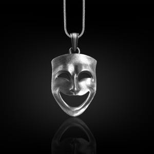Comedy Mask Necklace, Sterling Silver Drama Mask Charm Pendant, Happy Face Mask Necklace, Gift for girlfriend, Theater Mask Pendant for Men
