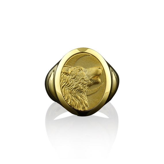 Howling Wolf Mens Oval Signet Ring in 14k Gold Nordic Wolf Head