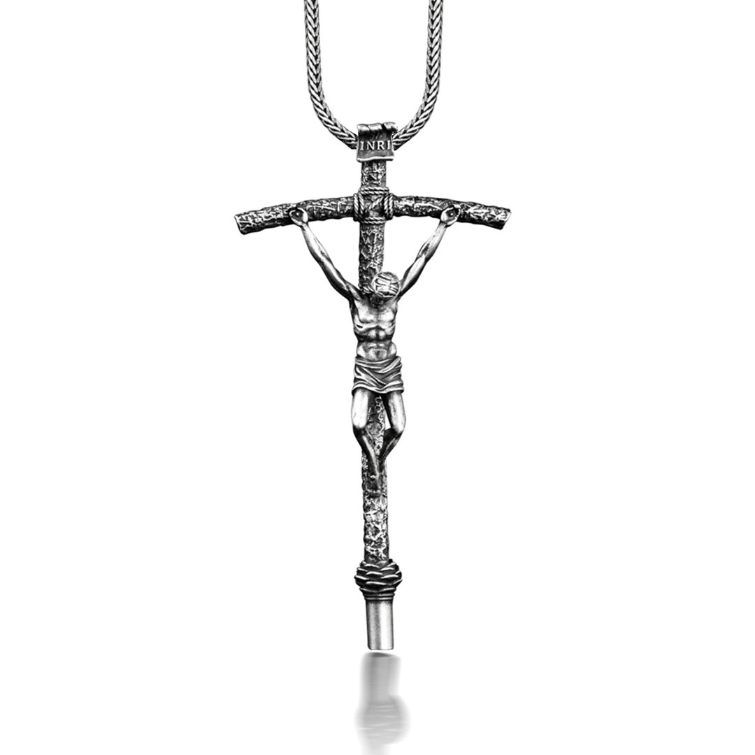 Papal Crucifix Cross Necklace for Men, Sterling Silver Jesus Necklace for Dad, Faith Necklace