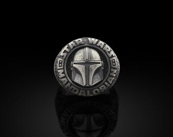 Mandalorian Silver Man Ring, Star Wars Mandalorian Mens Ring, Solid Silver Star Wars Jewelry, Silver Ring For Mens, Husband Silver Gift Ring