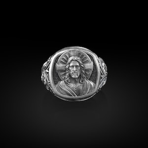 Savior Jesus Christ with Cross Sterling Silver Square Signet, Christian Mens Ring, Religious Gifts, Pinky Rings for Women, Catholic Gifts