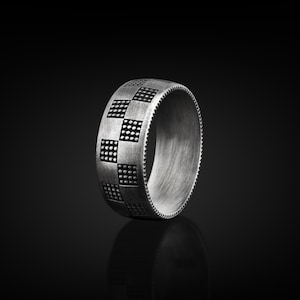 Chess Band Ring for Men in Sterling Silver, Checkered Wedding Ring, Stackable Biker Ring, Dainty Ring, Anniversary Ring, Memorial Men Gift