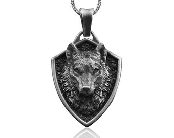 Norse Mythology Wolf Handmade Sterling Silver Men Charm Necklace, Viking Wolf Jewelry, Fenrir Wolf Head Pendant with Chain, Animal Necklace