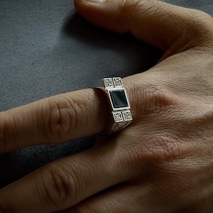 Engraved meander on side flat black onyx ring with cz, Unique sterling silver mens ring with black gemstone, Cool ring