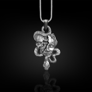 Snake Smashes Skull Face Silver Pendant, Skull Snake Necklace, Oxidized Sterling Silver Pendant, Biker Jewelry, Gothic Charm for Him Her