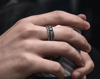 Winged skull sterling silver men band ring for men, Biker gothiv silver ring, Skull wedding ring, Ornament Ring, Death angel ring, Men gift