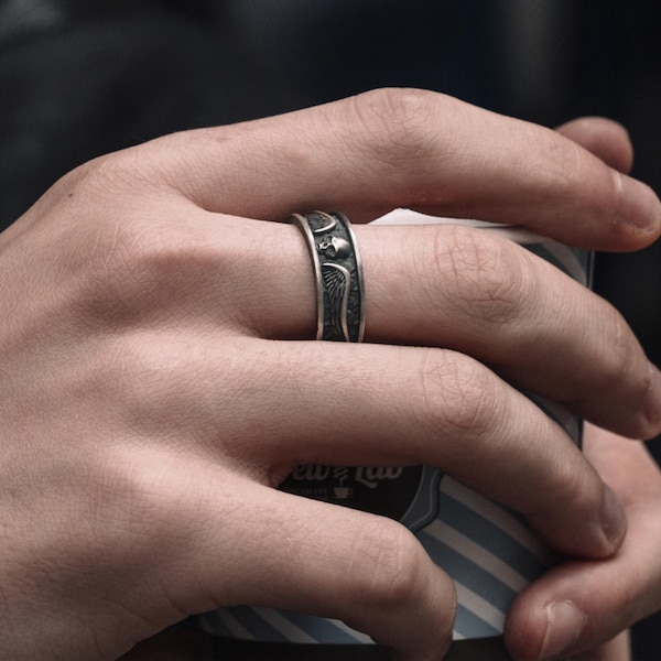 Winged skull sterling silver men band ring for men, Biker gothiv silver ring, Skull wedding ring, Ornament Ring, Death angel ring, Men gift