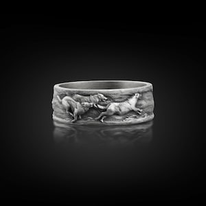 Wolf Family Silver Mens Nature Ring, Engraved Wolf Oxidized Promise Ring For Men, Silver Animal Ring For Boyfriend, Mens Wedding Band Ring