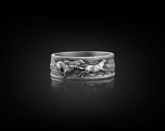 Wolf Family Silver Mens Nature Ring, Engraved Wolf Oxidized Promise Ring For Men, Silver Animal Ring For Boyfriend, Mens Wedding Band Ring