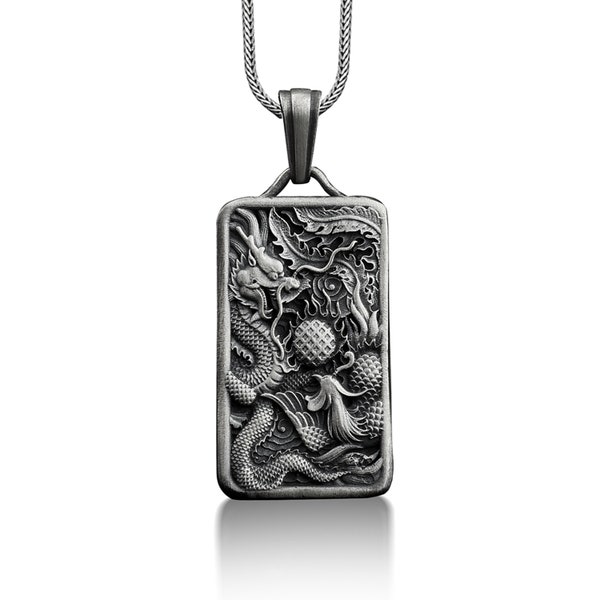 Chinese dragon pendant necklace in sterling silver, Personalized chinese mythology necklace for men, Engraved necklace