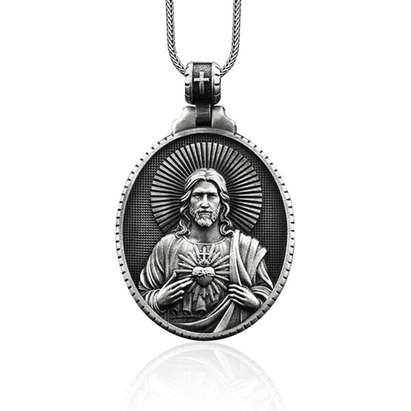 Silver Jesus Sacred Heart Mens Necklace, Savior Jesus Medallion, Religious Jewelry, Sacred Heart Men Necklace, Silver Catholic Gift Necklace