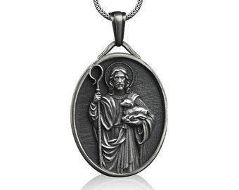 Collar de medalla de Jesús del buen pastor en plata, Collar religioso personalizado para católicos, Regalo para hombres cristianos