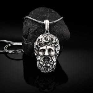 Sterling Silver Zeus Men&#39;s Necklace, God Zeus Oxdizdized Men Pendant, Greek God Silver Man Jewelry, Gorgon Mythology Necklace, Gift For Mens