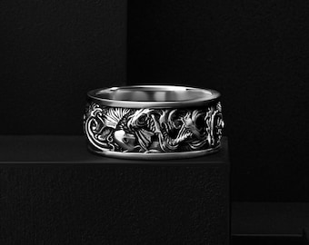 Japanese Koi Fish Engraved Personalized Silver Band Ring, Handmade Unique Carp Wedding Jewelry for Husband