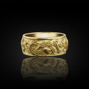 Solid gold carp and waves japanese men band ring, Handmade solid gold wedding band ring for couple, Carp and waves Japanese wedding bands