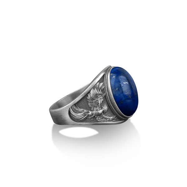 Anillo de hombre con sello de plata de fénix alado, anillo de hombre de plata con sello de lapislázuli azul, anillo de hombre de fénix con sello, anillos de regalo de ónix de plata para marido