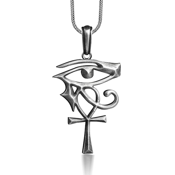 Eye of Horus and Ankh Fantasy Necklace, Oxidized Pagan Necklace in Sterling Silver, Fantasy Necklace For Best Friend, Everyday Necklace