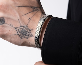 Personalized Greek Key Design Silver Cuff Bracelet for Men, Minimalist Luxury Jewelry for Wedding Day