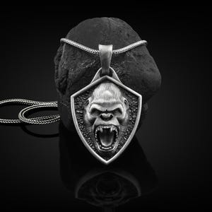 Handmade Gorilla Necklace For Men in Sterling Siler, Gorilla Ape Head Silver Men Jewelry, Gorilla Head Charm with Chain, Animal Necklace