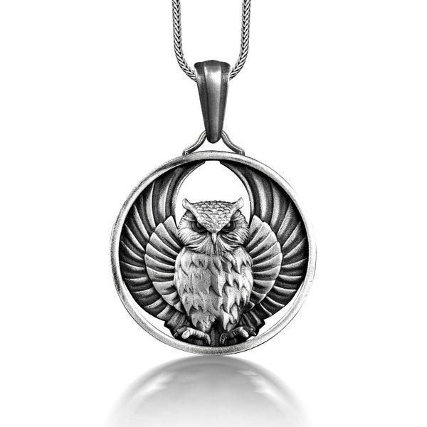 Patron bird of athena owl pendant, Ancient owl necklace in 925 silver, Occult necklace for men, Greek mythology necklace