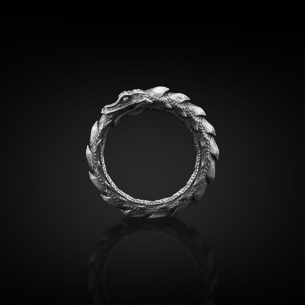 Ouroboros Dragon Handmade Sterling Silver Men Ring, Ouroboros Serpent Mythology Ring, Dragon Silver Men Jewelry, Silver Unique Ring For Men