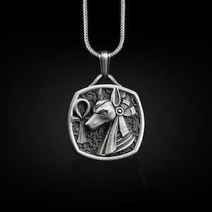 Anubis and ankh engraved necklace for men in silver, Personalized egyptian mythology necklace, Handmade necklace for dad