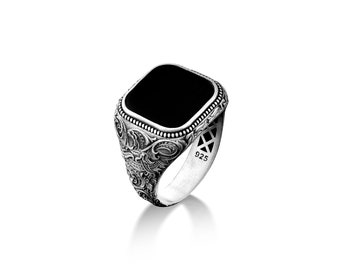 Anillo victoriano de parte superior plana con ónix negro, anillo de sello de ónix de plata de ley 925 para hombres, anillo de ónix de estilo antiguo para hombres