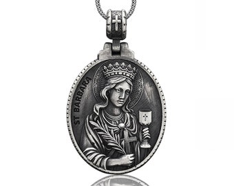 Sterling Silver Saint Barbara Men's Necklace, Silver Saint Barbara Medallion, Silver Christian Man Pendant, Religious Silver Gift Accessory