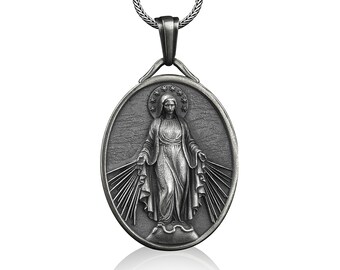 Virgin mary miraculous medal necklace for mama, Personalized mother mary pendant with custom name, Catholic necklace