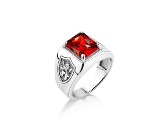 Square cut red ruby men ring with engraved rampant Lion, 925 silver men red ruby ring for husband, Scottish ruby ring, Wedding gift men ring