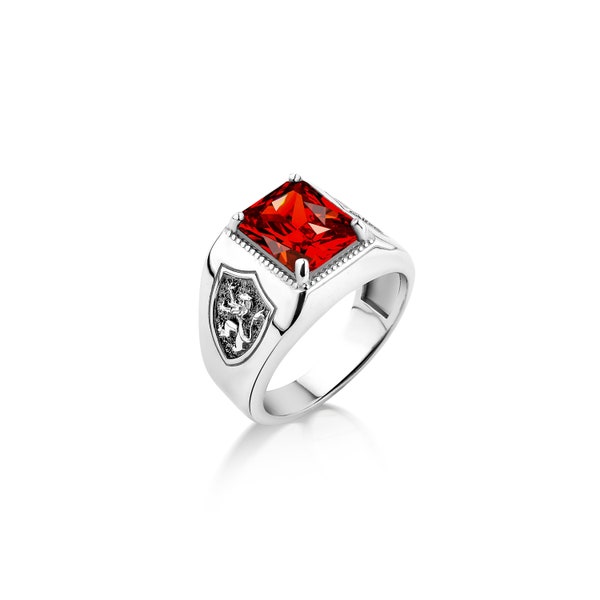 Bague homme rubis rouge coupe carrée avec lion rampant gravé, bague rubis rouge homme argent 925 pour mari, bague rubis écossais, bague homme cadeau de mariage