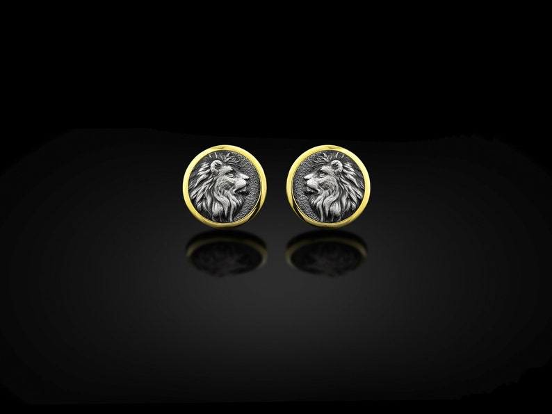 Lion Mens Cufflinks, Sterling Silver Gold Plated Lion Cufflinks, Wedding Lion Cufflinks, Men Silver Gift Cufflinks, Roun Lion Mans Cufflinks Gold