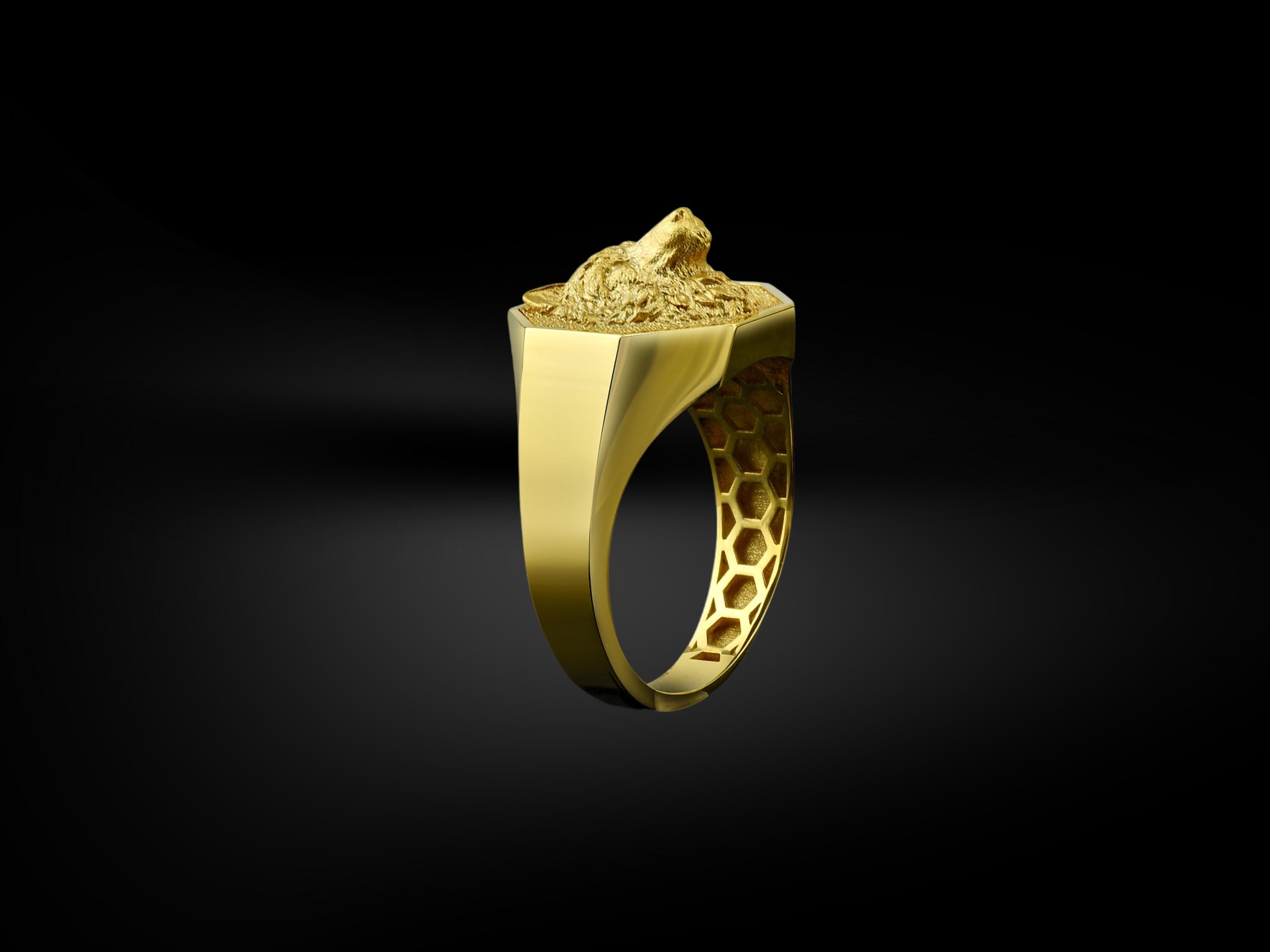 Minimalist Fenrir Wolf Signet Ring for Men in 14k Gold, Simple