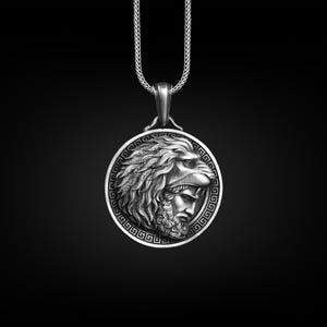 Hercules with Nemean Lion Hat Coin Necklace, Hercules Medallion Necklace in Sterling Silver, Ancient Greek Mythology Necklace For Boyfriend