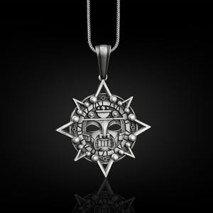 Aztec Sun Engraved Necklace in Sterling Silver, Mayan Necklace For Best Friend, Ethnic Necklace For Mexican, Ancient Necklace For Boyfriend