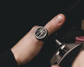 Anillo de plata de ley hecho a mano de San Miguel Arcángel para hombre, anillo cristiano de San Miguel, joyería de plata de San Miguel Arcángel