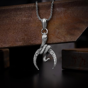 Unique charm snake with moon sterling silver pendant necklace for men or women, Animal lover oxidized silver man jewelry, snake charm gifts