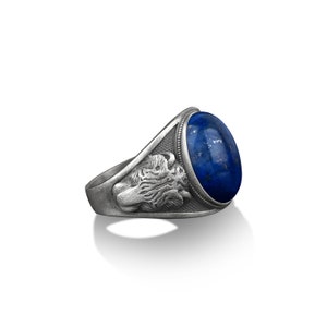 925 sterling silver lapis lazuli men silver tiger ring, White tiger head on the sides ring for men, Animal signet ring, Blue gemstone ring